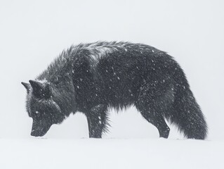 Wall Mural - A solitary black fox forages in a snowy landscape during a snowstorm.