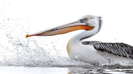 Wall Mural - A pelican splashes through water, showcasing its distinctive long beak and feathers.