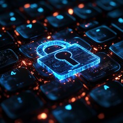 Aufkleber - Glowing Digital Lock Icon on Keyboard Modern Cybersecurity Visualization