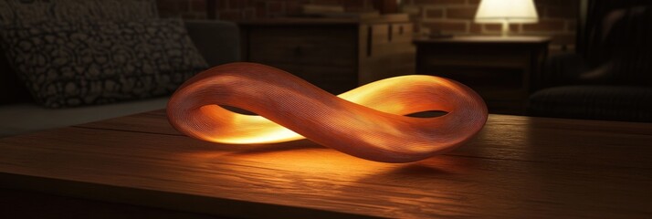 Wall Mural - A modern, glowing infinity-shaped lamp on a wooden table in a cozy living room setting.