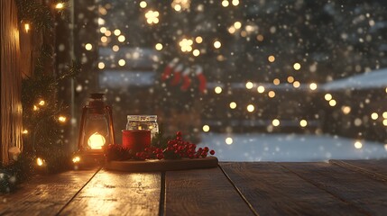 Canvas Print - Cozy winter scene with warm lights, snow, and festive decorations on a wooden table.