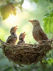 Wall Mural - A mother bird feeding her three chicks in a cozy nest surrounded by greenery.