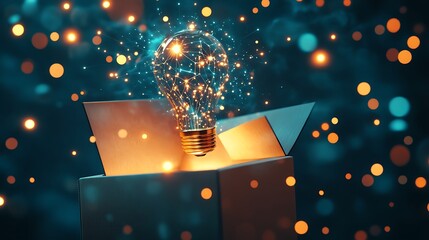 Canvas Print - Glowing lightbulb in open box, sparks, bokeh background.