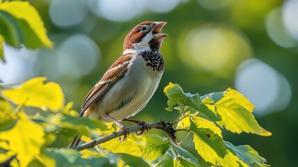 Wall Mural - A sparrow perched on a branch, singing amidst vibrant green leaves.