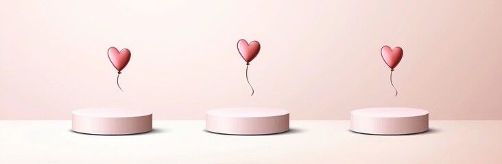 Poster - A 3D Valentine's Day background with a realistic cylinder pedestal podium in pink, red, and white tones. The design incorporates a heart-shaped balloon and modern geometric elements, suitable for