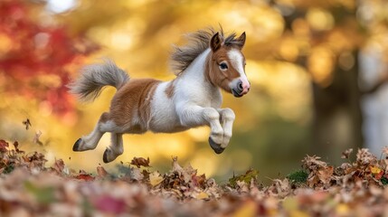 Wall Mural - A playful pony leaps through colorful autumn leaves in a vibrant outdoor setting.