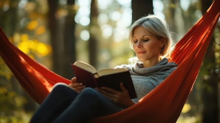 A woman relaxing on a hammock in the woods, reading a book, symbolizing relaxation and connection with nature