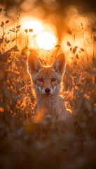 Wall Mural - A coyote sits gracefully in a sunlit field at sunset, highlighting its natural beauty.