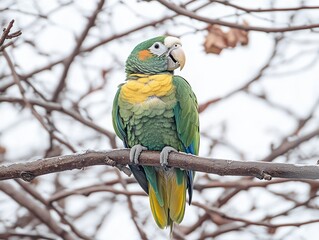 Wall Mural - A colorful parrot perched on a branch amidst bare trees.