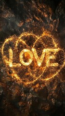 Poster - Light trails forming the word love emerge from moving sparklers, valentine day illuminating the dark night with a warm, golden glow background