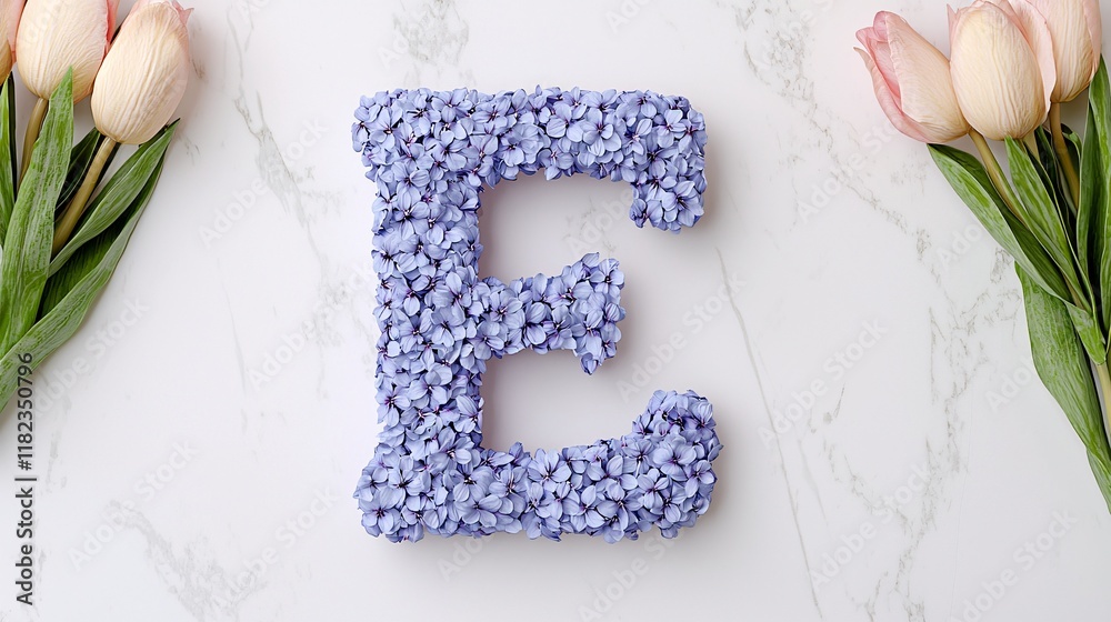 Flanked Letter Floral letter E arranged with small purple flowers on marble background ...