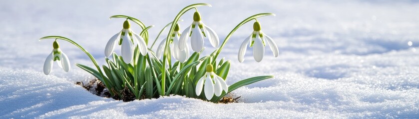 Wall Mural - Snowdrops bloom amidst a snowy landscape, symbolizing resilience and the arrival of spring.