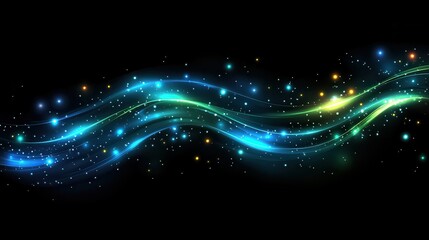 Poster - Wavy abstract light trails and sparkles on a black background. Ideal for website banners, digital art, and presentations.