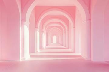 Wall Mural - Pink arched hallway, columns, light, receding perspective.