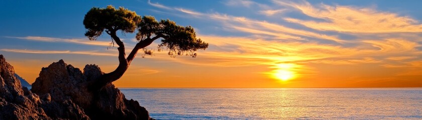 Wall Mural - Solitary Tree at Sunset: A solitary tree stands tall on a rocky cliff, silhouetted against a vibrant sunset over the vast ocean. The image evokes feelings of tranquility, resilience.