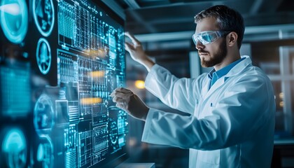 Poster - A focused scientist in a lab coat interacts with a high-tech holographic display, showcasing complex data and images