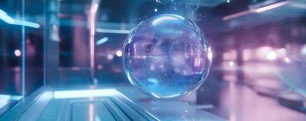 Poster - A futuristic crystal ball suspended in a high-tech environment, illuminated with vibrant neon lights, showcasing an advanced, digital aesthetic that inspires innovation and creativ
