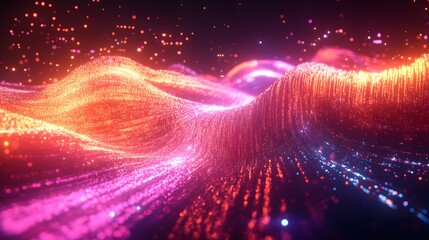 Poster - A vibrant and colorful abstract representation of flowing waves of light, showcasing a dynamic blend of pink and orange hues amidst a backdrop of shimmering particles.