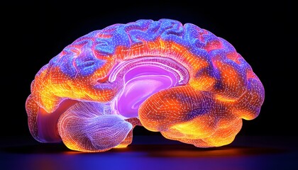 Poster - A vibrant and colorful representation of the human brain, showcasing its intricate anatomy with glowing patterns, emphasizing the complexity and beauty of human cognition.