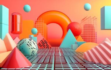 Poster - A vibrant digital landscape featuring an array of geometric shapes in various colors, creating a visually striking and modern abstract composition.