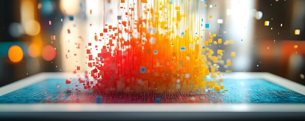 Poster - A vibrant explosion of colorful particles emerging from a digital device, symbolizing creativity and innovation in technology