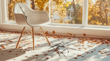 Wall Mural - A modern chair amidst autumn leaves and sunlight in a cozy indoor setting.