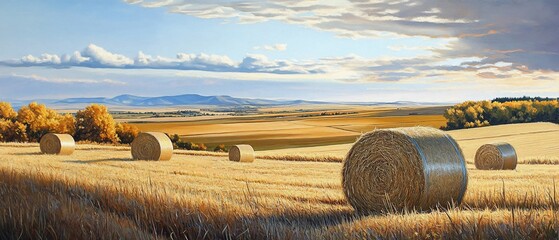 Canvas Print - Autumn harvest Hay bales in golden field, distant hills, cloudy sky. Rural landscape