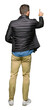 © Krakenimages.com - Handsome man wearing winter coat Posing backwards pointing behind with finger hand