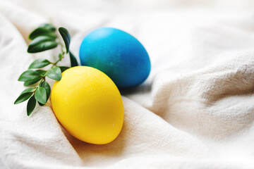 Wall Mural - Easter background. Blue and yellow Easter eggs decorated with green twig on white fabric surface, close-up, soft focus