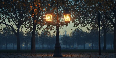 Sticker - Autumn park lamp, foggy morning, castle view, serene scene