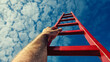 © mahamad - A motivational concept illustrating career growth with a man's hand reaching for a red ladder leading to a blue sky.