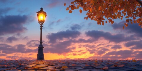 Wall Mural - Autumn sunset, cobblestone street, lamppost