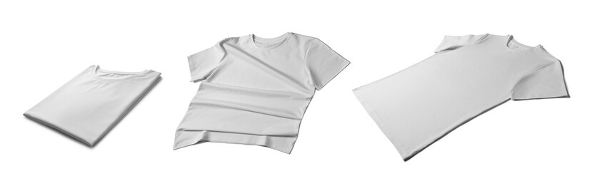 Wall Mural - Blank white t-shirts on white background, collage. Mockup for design