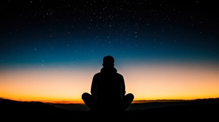 Canvas Print - A person sits in a meditative pose against a stunning twilight sky filled with stars, creating a serene atmosphere ideal for promoting mindfulness, relaxation, or nature-themed content,