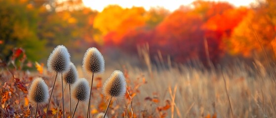 Poster - Autumn sunset, fluffy plants, fall colors. Nature scene for calendar