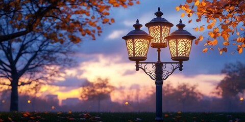 Sticker - Autumn sunset park lamppost, glowing lights