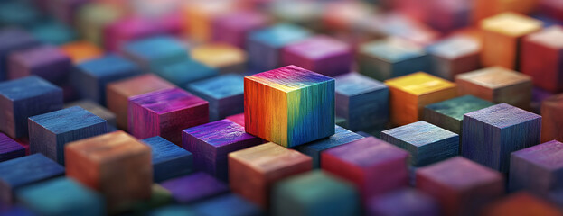 Poster - A background of colorful wooden blocks arranged in an intricate pattern, representing the idea that each piece has its own unique color and shape