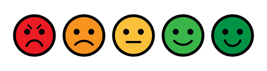 Fototapete - Rating emoji set with black stroke for customer feedback and product experience. Smiley rating icon set. rating emojis set in different colors and black outline. Flat icon set of rating and feedback.