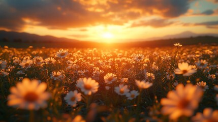 Wall Mural - Golden Sunset Illuminates Daisies In A Vast Field