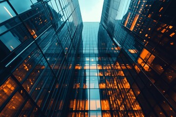 Wall Mural - Glass skyscrapers, warm interior lights, city reflection.