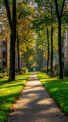 Canvas Print - Autumnal pathway, apartment buildings, sunlight, trees