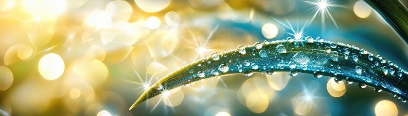 Wall Mural - A close-up of a leaf with water droplets, illuminated by soft light and sparkles.