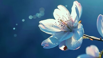 Poster - Delicate cherry blossom blooms in soft focus, radiating beauty and tranquility in nature, with gentle light illuminating petals against dreamy blue background.