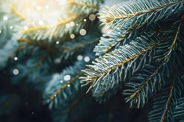 Wall Mural - winter beautiful green fir tree branches background. spruce with needles. closeup. nature winter ban