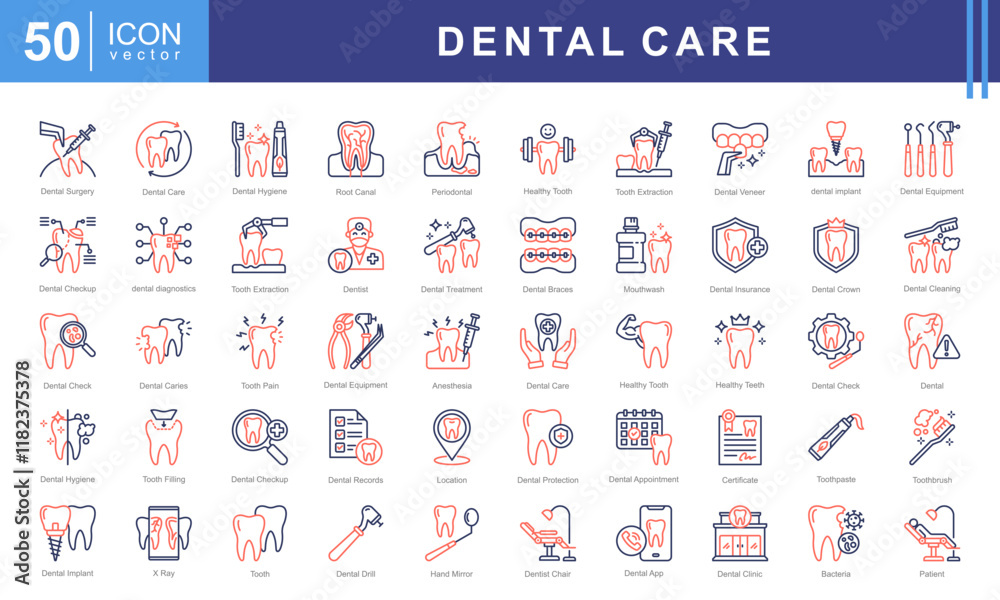 Dental Care icon set with health, teeth, maintenance, disorders ...