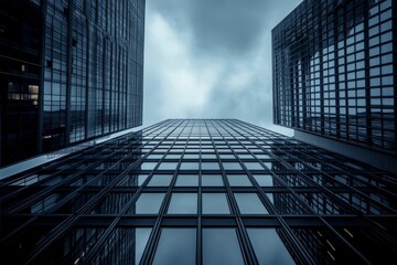 Wall Mural - Glass skyscrapers ascend, reflecting cloudy sky.