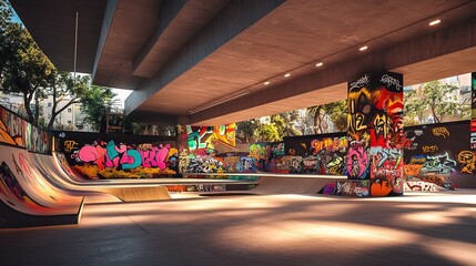 Skate park in an urban area with colorful graffiti art and unique, dynamic architecture 