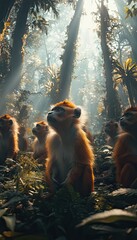 Wall Mural - A serene gathering of monkeys in a sunlit forest, highlighting their natural habitat.