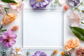 Wall Mural - frame with colorful flowers on clear white background. greeting card design for holiday, mother's da