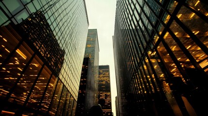 Wall Mural - Illuminated skyscrapers, glass reflections, urban canyon.